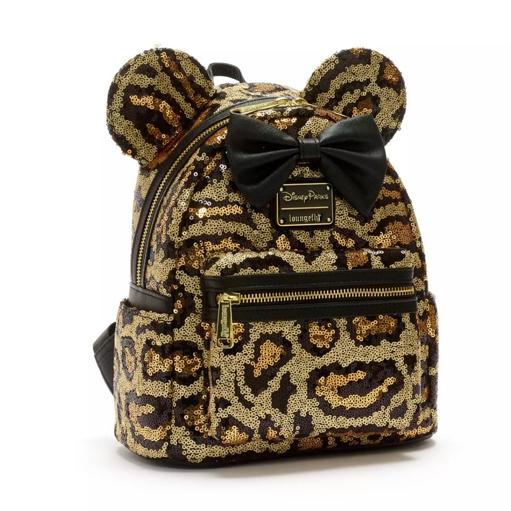 Disney Parks Loungefly Leopard Sequin Backpack with Black Bow NEW WITH TAG
